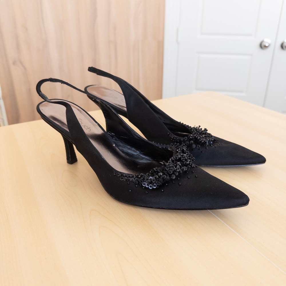 Touch of Nina Black Satin Beaded Slingback Pumps 11 Pointed Toe Y2K Kitten Heels - Picture 5 of 9